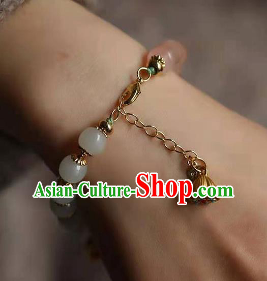 China Handmade Golden Lotus Seedpod Tassel Bracelet Traditional Jewelry Accessories National Jadeite Bangle