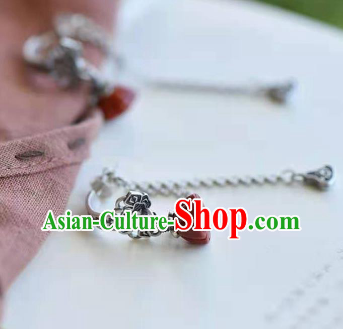 Handmade China Agate Lotus Seedpod Ear National Jewelry Accessories Traditional Cheongsam Silver Earrings