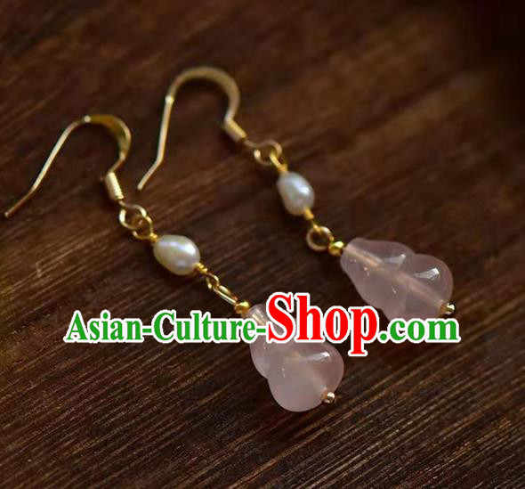 Handmade China Rose Quartz Gourd Ear National Jewelry Accessories Traditional Cheongsam Pearl Earrings