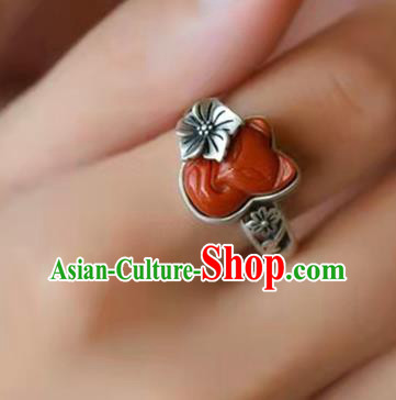 China National Agate Carving Fox Ring Jewelry Traditional Handmade Silver Circlet Accessories
