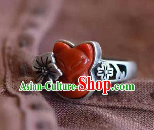China National Agate Carving Fox Ring Jewelry Traditional Handmade Silver Circlet Accessories