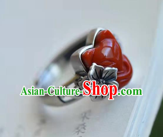 China National Agate Carving Fox Ring Jewelry Traditional Handmade Silver Circlet Accessories