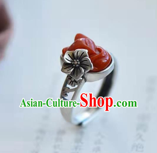 China National Agate Carving Fox Ring Jewelry Traditional Handmade Silver Circlet Accessories