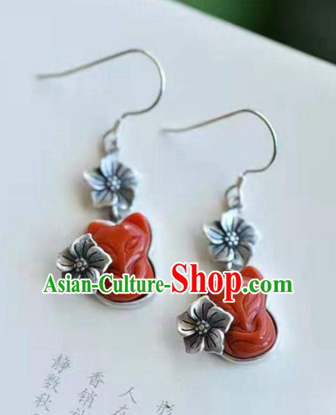 Handmade China Silver Ear Jewelry Accessories Traditional National Cheongsam Agate Carving Fox Earrings