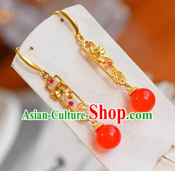 Handmade China Red Bead Ear National Jewelry Accessories Traditional Cheongsam Golden Earrings