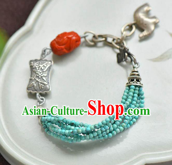 China Handmade Agate Tassel Bracelet Traditional Jewelry Accessories National Silver Carving Bangle
