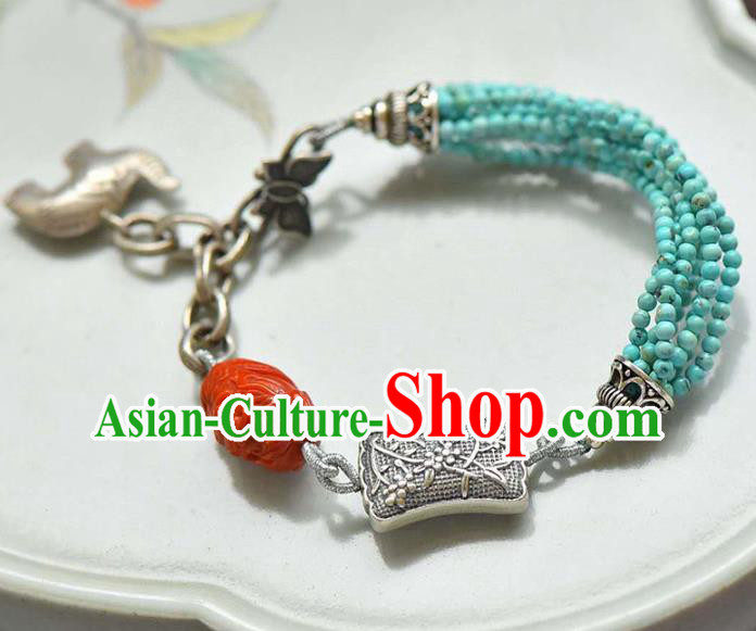 China Handmade Agate Tassel Bracelet Traditional Jewelry Accessories National Silver Carving Bangle