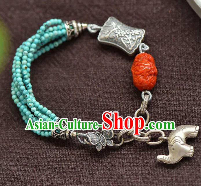China Handmade Agate Tassel Bracelet Traditional Jewelry Accessories National Silver Carving Bangle