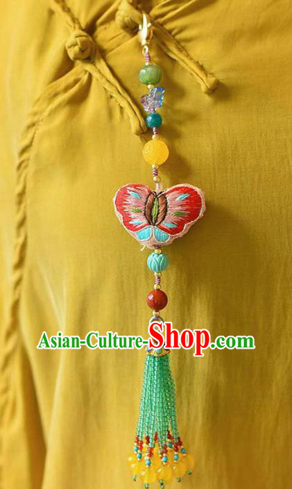 Chinese Classical Green Beads Tassel Necklace National Handmade Embroidered Butterfly Brooch Jewelry Accessories Pendant
