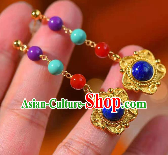 Handmade China Golden Ear National Jewelry Accessories Traditional Cheongsam Lapis Earrings