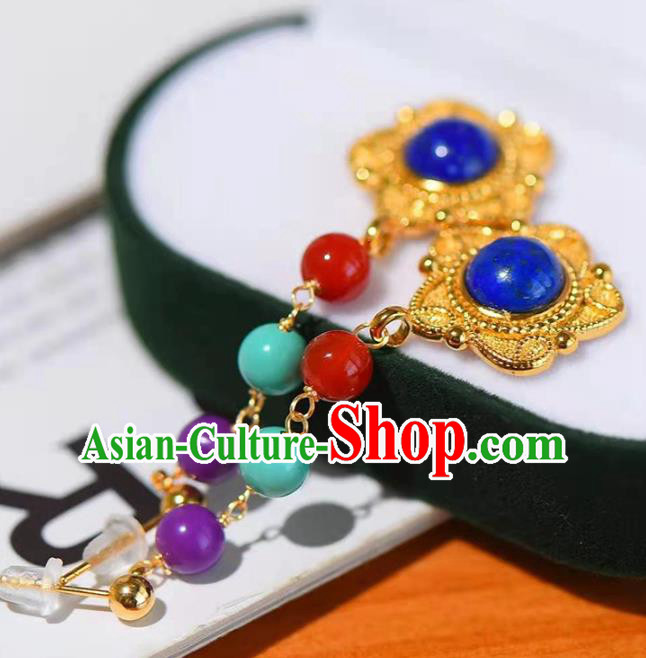 Handmade China Golden Ear National Jewelry Accessories Traditional Cheongsam Lapis Earrings