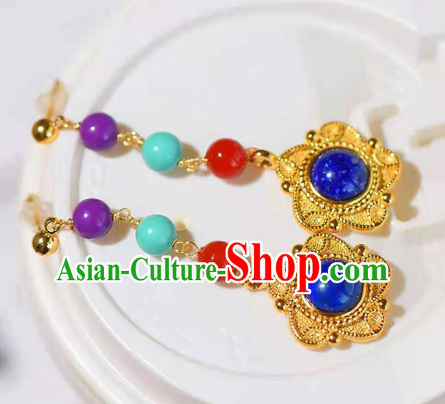 Handmade China Golden Ear National Jewelry Accessories Traditional Cheongsam Lapis Earrings