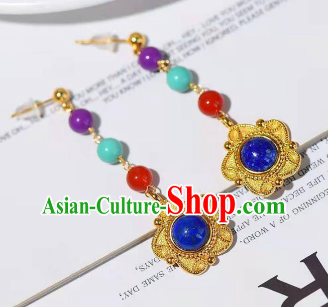 Handmade China Golden Ear National Jewelry Accessories Traditional Cheongsam Lapis Earrings
