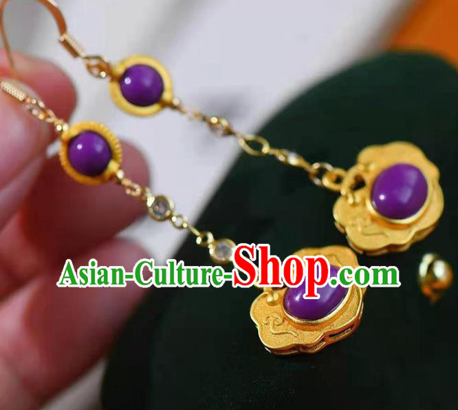 Handmade China Golden Lock Ear National Jewelry Accessories Traditional Cheongsam Fluorite Earrings