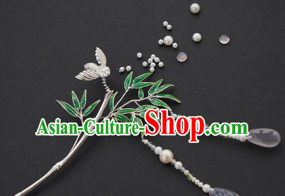 China Traditional Silver Bamboo Hairpin Handmade Hair Accessories Song Dynasty Pearls Tassel Hair Stick
