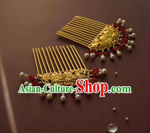 China Traditional Golden Mandarin Duck Hairpin Tang Dynasty Pearls Hair Comb Handmade Hair Accessories
