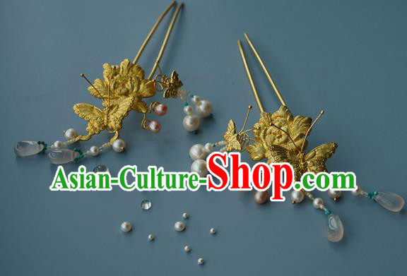 China Traditional Golden Butterfly Hairpin Handmade Hair Accessories Ming Dynasty Empress Hair Stick