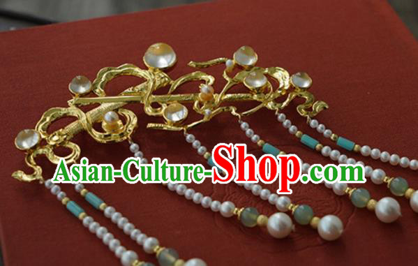 China Traditional Court Empress Golden Hairpin Handmade Hair Accessories Tang Dynasty Pearls Tassel Hair Comb