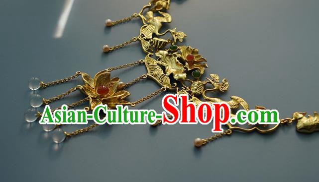 Chinese National Golden Lotus Necklace Handmade Min Dynasty Princess Jewelry Accessories Classical Necklet