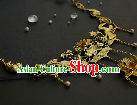 Chinese National Golden Lotus Necklace Handmade Min Dynasty Princess Jewelry Accessories Classical Necklet