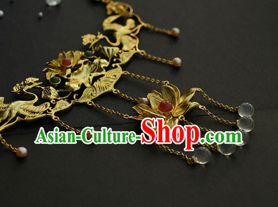 Chinese National Golden Lotus Necklace Handmade Min Dynasty Princess Jewelry Accessories Classical Necklet