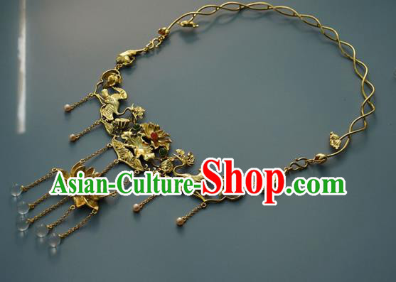 Chinese National Golden Lotus Necklace Handmade Min Dynasty Princess Jewelry Accessories Classical Necklet