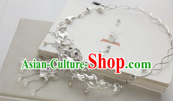 Chinese Classical Argent Necklet National Lotus Tassel Necklace Handmade Min Dynasty Princess Jewelry Accessories