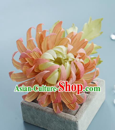 China Song Dynasty Hairpin Traditional Orange Silk Chrysanthemum Hair Stick Handmade Hair Accessories