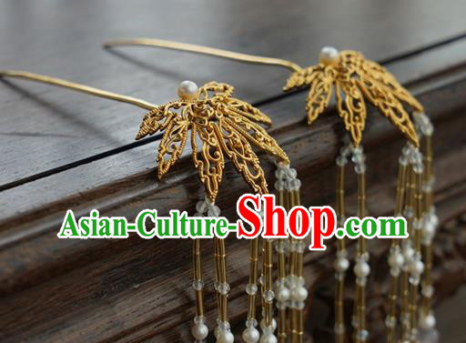 China Traditional Court Golden Leaf Hairpin Handmade Hair Accessories Tang Dynasty Tassel Hair Stick