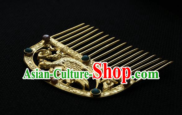 China Tang Dynasty Empress Gems Hairpin Handmade Hair Accessories Traditional Golden Phoenix Hair Comb
