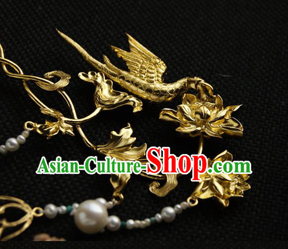 China Ming Dynasty Empress Tassel Hairpin Handmade Hair Accessories Traditional Golden Phoenix Lotus Hair Stick