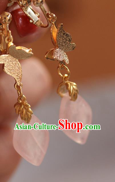 China Traditional Rose Quartz Ear Jewelry Accessories Handmade Cheongsam Golden Butterfly Earrings