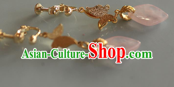 China Traditional Rose Quartz Ear Jewelry Accessories Handmade Cheongsam Golden Butterfly Earrings