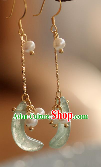 China Traditional Pearls Ear Jewelry Accessories Handmade Cheongsam Jade Moon Earrings