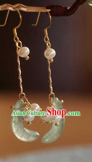 China Traditional Pearls Ear Jewelry Accessories Handmade Cheongsam Jade Moon Earrings
