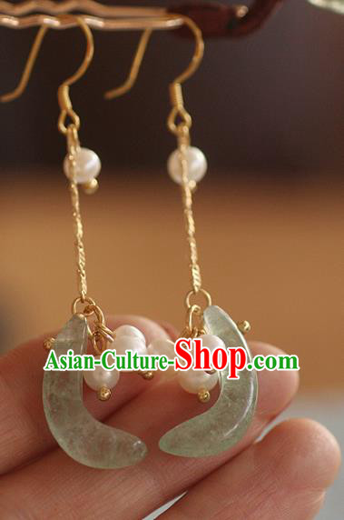 China Traditional Pearls Ear Jewelry Accessories Handmade Cheongsam Jade Moon Earrings