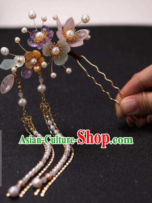 China Traditional Ming Dynasty Pearls Tassel Hairpin Handmade Hair Accessories Ancient Princess Plum Blossom Hair Stick