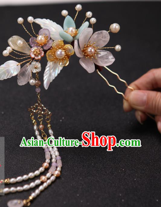 China Ancient Princess Pearls Tassel Hair Stick Handmade Hair Accessories Traditional Ming Dynasty Shell Leaf Hairpin