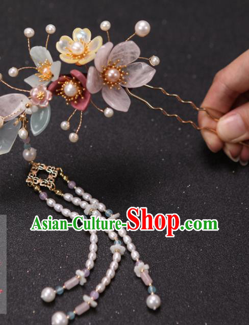China Handmade Hairpin Ancient Princess Pearls Tassel Hair Stick Traditional Ming Dynasty Hair Accessories
