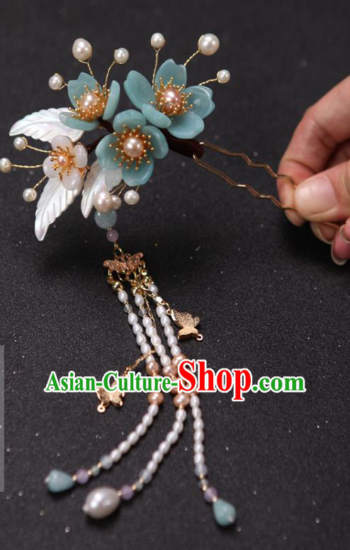 China Handmade Blue Plum Hairpin Traditional Ming Dynasty Hair Accessories Ancient Princess Pearls Tassel Hair Stick