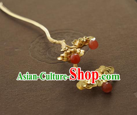 China Traditional Court Lady Agate Beads Hairpin Handmade Hair Accessories Song Dynasty Golden Hair Stick