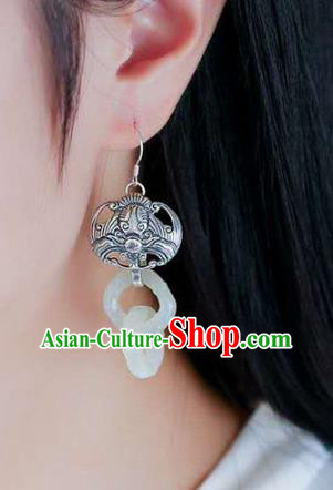 Handmade China Silver Carving Bat Ear Jewelry Accessories Traditional National Cheongsam Jade Bamboo Earrings