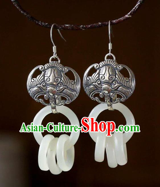 Handmade China Silver Bat Ear Jewelry Accessories Traditional National Cheongsam Jade Rings Earrings