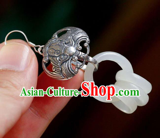 Handmade China Silver Bat Ear Jewelry Accessories Traditional National Cheongsam Jade Rings Earrings