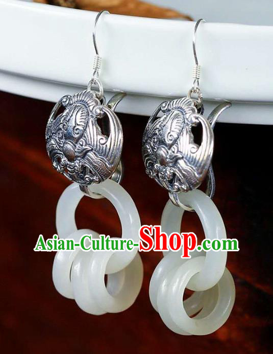 Handmade China Silver Bat Ear Jewelry Accessories Traditional National Cheongsam Jade Rings Earrings