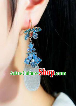 Handmade China Court Jade Ear Jewelry Accessories Traditional National Cheongsam Blueing Peony Earrings