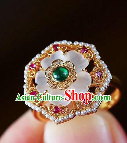 China National White Crystal Flower Ring Jewelry Traditional Handmade Pearls Golden Circlet Accessories