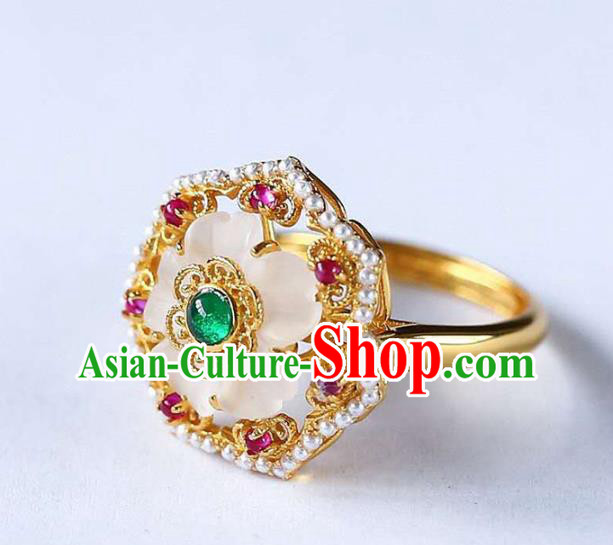 China National White Crystal Flower Ring Jewelry Traditional Handmade Pearls Golden Circlet Accessories