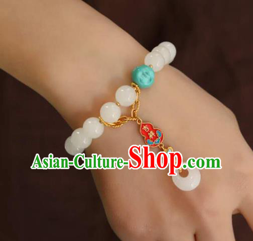 China Handmade White Jade Beads Bracelet Traditional Jewelry Accessories National Enamel Red Gourd Bangle