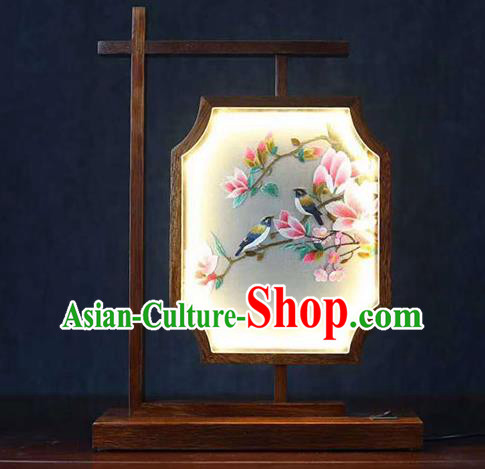 Chinese Traditional Embroidered Mangnolia Lantern National Desk Ornament Handmade Rosewood Table Screen